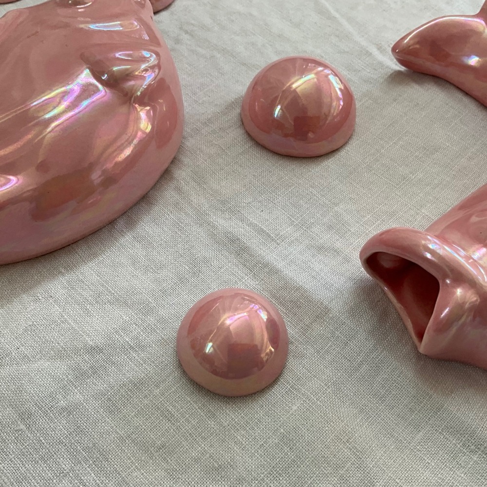 Vintage Pink Iridescent Ceramic Fish Wall Hanging Set 6pc Lusterware Bubbles MCM - Picture 3 of 9